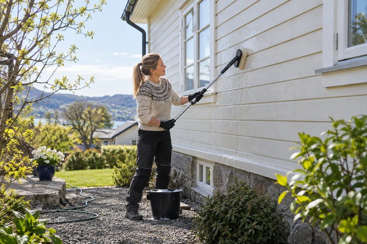Person på bakken vasker hvit trekledning med en børste på et langt skaft.